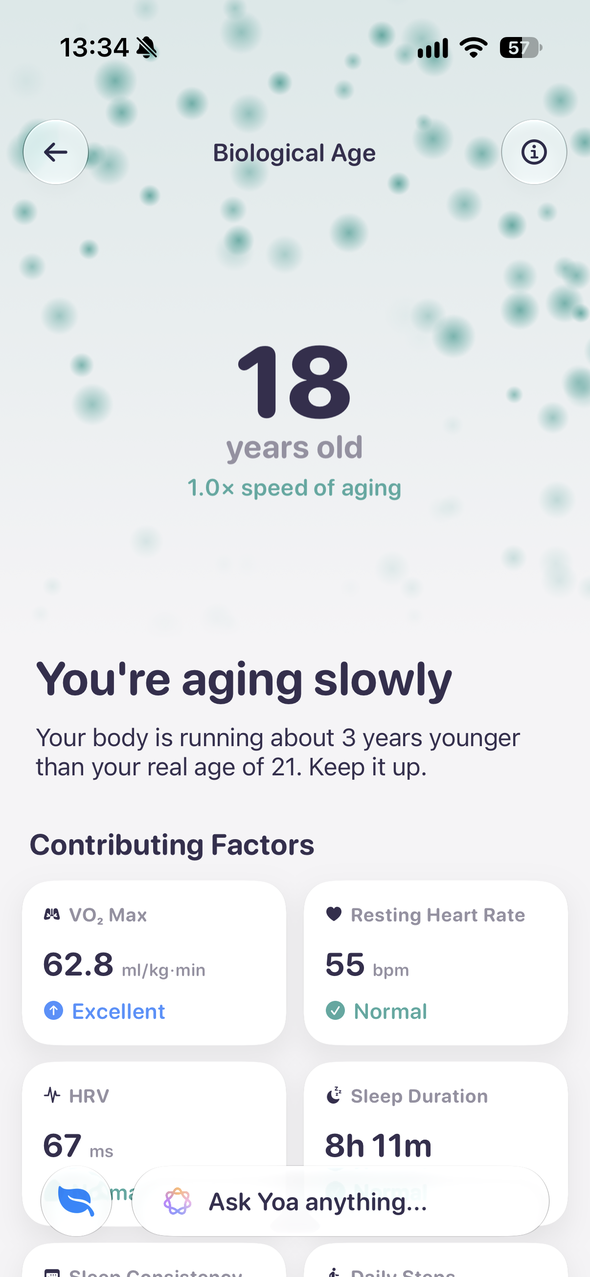 Yoa Biological Age screen