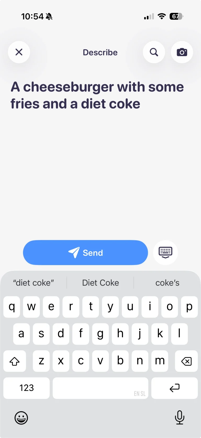 Yoa app food description feature showing cheeseburger with fries and diet coke